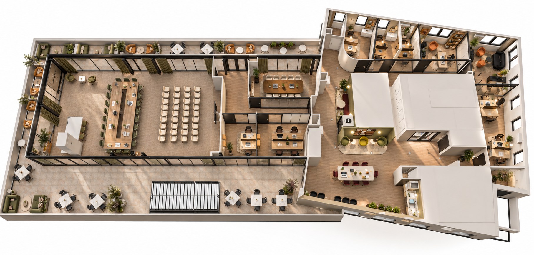 Plan en 3D du plateau RoofTop 610 : salle Saarinen, salle de réunion, bureaux privatifs, tisanerie et terrasses.