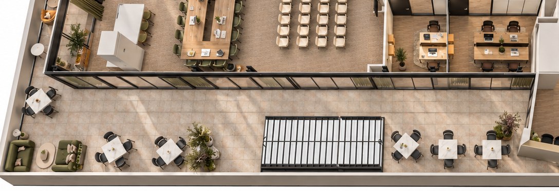 Plan des terrasses : tables hautes, tables bistro et espaces lounge.